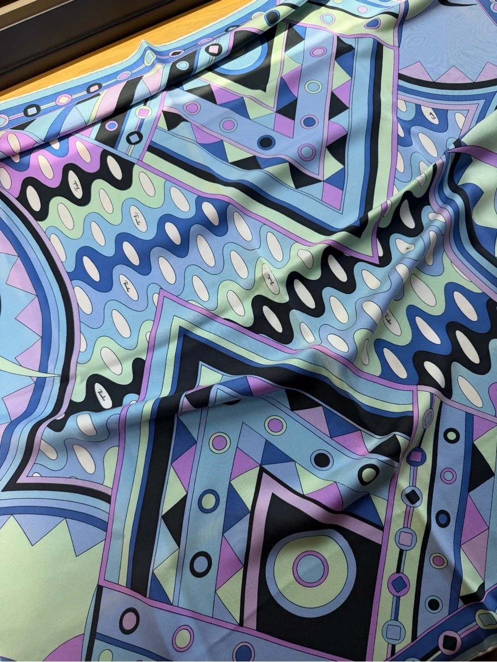 Emilio Pucci Vivara 70s Silk Geometric Pattern Scarf in Blue and Lavender 34x34”